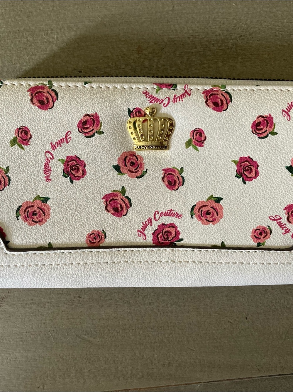 Juicy Couture White Wallet with Pink Rose Print and Gold Crown Accent